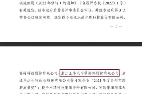 荣获《台州市政府质量奖》